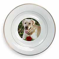 Yellow Labrador with Red Rose Gold Rim Plate Printed Full Colour in Gift Box