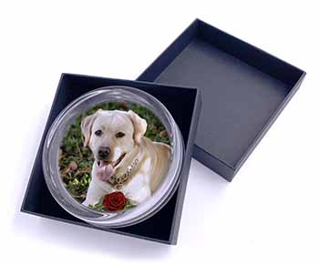 Yellow Labrador with Red Rose Glass Paperweight in Gift Box