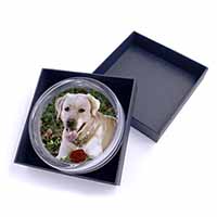 Yellow Labrador with Red Rose Glass Paperweight in Gift Box