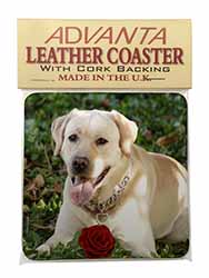 Yellow Labrador with Red Rose Single Leather Photo Coaster