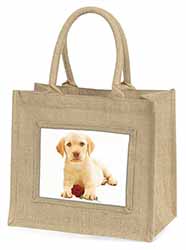 Yellow Labrador Puppy with Rose Natural/Beige Jute Large Shopping Bag