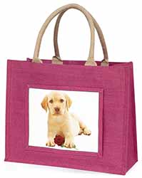 Yellow Labrador Puppy with Rose Large Pink Jute Shopping Bag