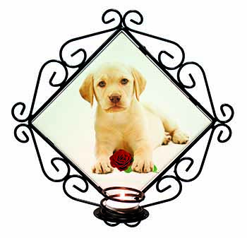 Yellow Labrador Puppy with Rose Wrought Iron Wall Art Candle Holder