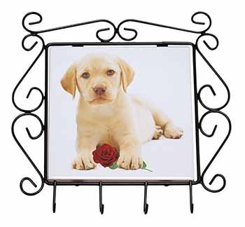 Yellow Labrador Puppy with Rose Wrought Iron Key Holder Hooks