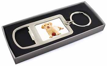 Yellow Labrador Puppy with Rose Chrome Metal Bottle Opener Keyring in Box