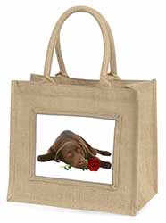 Chocolate Labrador with Red Rose Natural/Beige Jute Large Shopping Bag