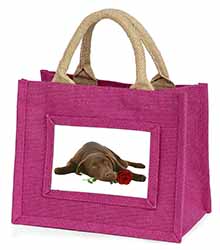 Chocolate Labrador with Red Rose Little Girls Small Pink Jute Shopping Bag