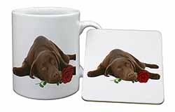 Chocolate Labrador with Red Rose Mug and Coaster Set