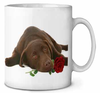 Chocolate Labrador with Red Rose Ceramic Coffee Mug/Tea Cup