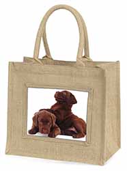 Chocolate Labrador Puppies Natural/Beige Jute Large Shopping Bag