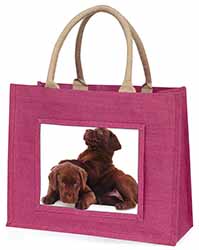 Chocolate Labrador Puppies Large Pink Jute Shopping Bag