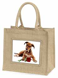 Lurcher Dog with Red Rose Natural/Beige Jute Large Shopping Bag