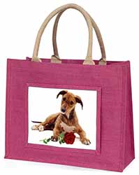 Lurcher Dog with Red Rose Large Pink Jute Shopping Bag