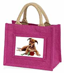 Lurcher Dog with Red Rose Little Girls Small Pink Jute Shopping Bag