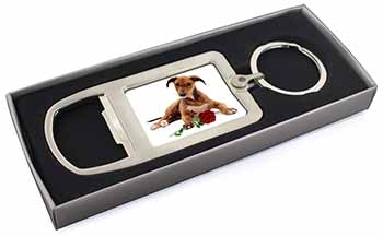 Lurcher Dog with Red Rose Chrome Metal Bottle Opener Keyring in Box