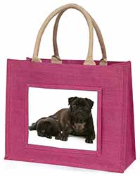 Pug Dog and Puppy Large Pink Jute Shopping Bag