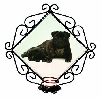 Pug Dog and Puppy Wrought Iron Wall Art Candle Holder