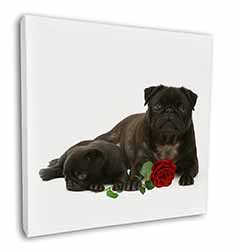 Black Pug Dogs with Red Rose Square Canvas 12"x12" Wall Art Picture Print