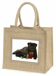 Black Pug Dogs with Red Rose Natural/Beige Jute Large Shopping Bag