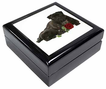 Black Pug Dogs with Red Rose Keepsake/Jewellery Box