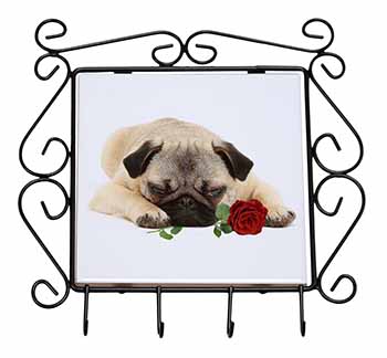 Pug Dog with a Red Rose Wrought Iron Key Holder Hooks