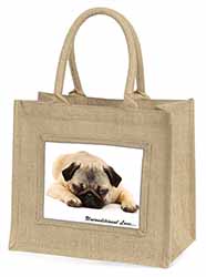 Pug Dog-With Love Natural/Beige Jute Large Shopping Bag