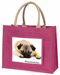 Pug Dog-With Love Large Pink Jute Shopping Bag