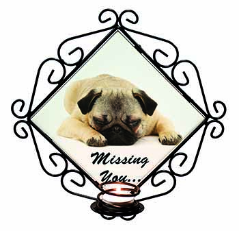 Pug Dog " Missing You " Sentiment Wrought Iron Wall Art Candle Holder