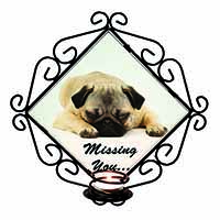 Pug Dog " Missing You " Sentiment Wrought Iron Wall Art Candle Holder