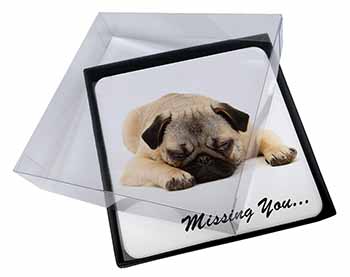 4x Pug Dog " Missing You " Sentiment Picture Table Coasters Set in Gift Box