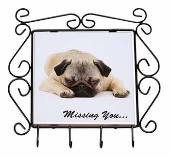 Pug Dog " Missing You " Sentiment Wrought Iron Key Holder Hooks