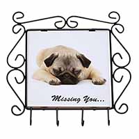 Pug Dog " Missing You " Sentiment Wrought Iron Key Holder Hooks