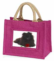 Pomeranian Dog with Red Rose Little Girls Small Pink Jute Shopping Bag