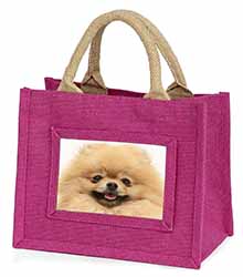 Cream Pomeranian Dog Little Girls Small Pink Jute Shopping Bag