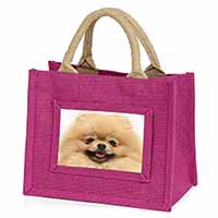 Cream Pomeranian Dog Little Girls Small Pink Jute Shopping Bag