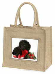 Christmas Poodle Natural/Beige Jute Large Shopping Bag