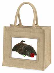 Miniature Poodle Dog with Red Rose Natural/Beige Jute Large Shopping Bag