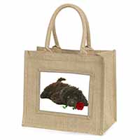 Miniature Poodle Dog with Red Rose Natural/Beige Jute Large Shopping Bag