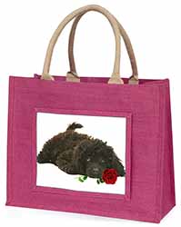 Miniature Poodle Dog with Red Rose Large Pink Jute Shopping Bag