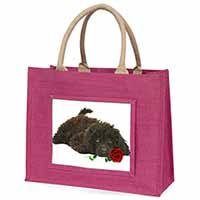 Miniature Poodle Dog with Red Rose Large Pink Jute Shopping Bag