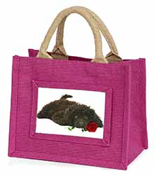 Miniature Poodle Dog with Red Rose Little Girls Small Pink Jute Shopping Bag