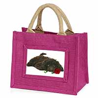 Miniature Poodle Dog with Red Rose Little Girls Small Pink Jute Shopping Bag