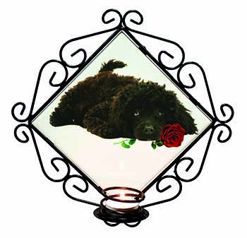 Miniature Poodle Dog with Red Rose Wrought Iron Wall Art Candle Holder