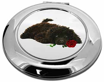 Miniature Poodle Dog with Red Rose Make-Up Round Compact Mirror