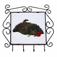 Miniature Poodle Dog with Red Rose Wrought Iron Key Holder Hooks