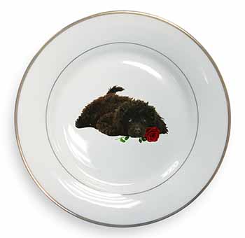 Miniature Poodle Dog with Red Rose Gold Rim Plate Printed Full Colour in Gift Bo