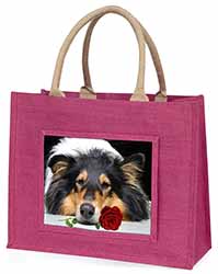 A Rough Collie Dog with Red Rose Large Pink Jute Shopping Bag