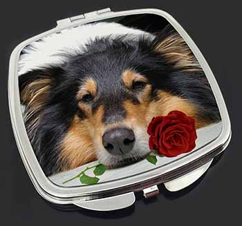 A Rough Collie Dog with Red Rose Make-Up Compact Mirror