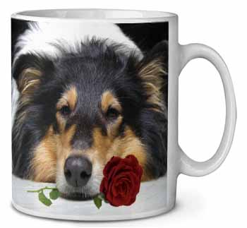 A Rough Collie Dog with Red Rose Ceramic Coffee Mug/Tea Cup