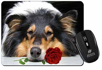 A Rough Collie Dog with Red Rose Computer Mouse Mat